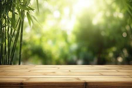 Empty wooden desk with bamboo forest backgroundの素材