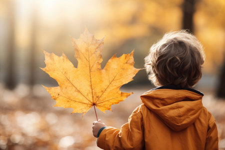 Back view of a boy holding autumn maple leaf in a parkの素材