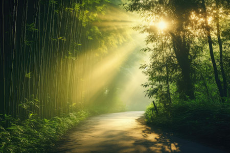 Trail in bamboo forest on sunriseの素材