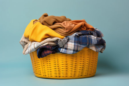 Yellow plastic laundry basket full of clothesの素材