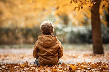 Back view of a young boy kid sitting in an autumn parkの素材