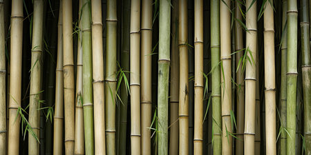 Row bamboo trunks with leaves, bamboo forest backgroundの素材