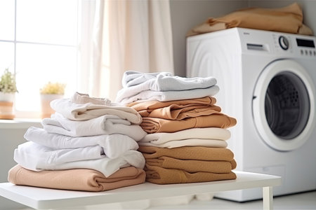 Stack of clothes and towels in a laundry room with washing machineの素材