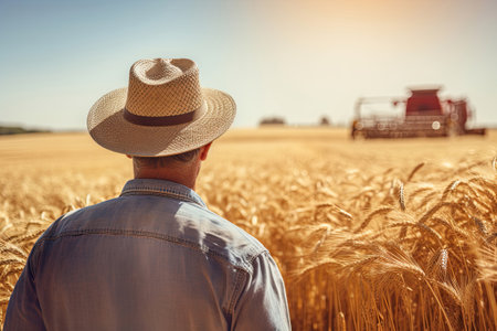 Back view of a farmer in wheat field with a harvester on backgroundの素材