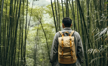 Back view of a man with backpack in a bamboo forestの素材