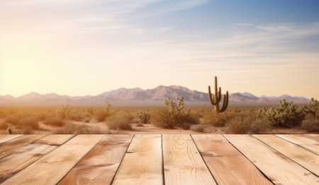 Wooden desk with desert landscape on backgroundの素材