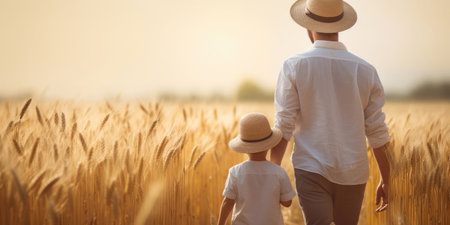Back view of a father with his son in a ripe wheat fieldの素材