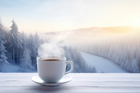Hot steaming tea cup standing on wooden table with background of winter forest and riverの素材
