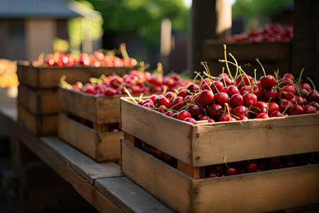 Wooden crates full of ripe cherryの素材