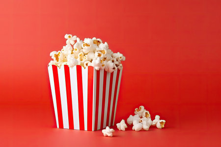 Paper striped box with popcorn on red backgroundの素材