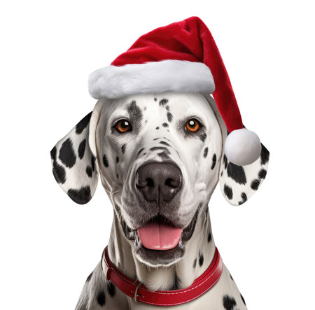 Portrait of dalmatian wearing Christmas hat isolated on white backgroundの素材