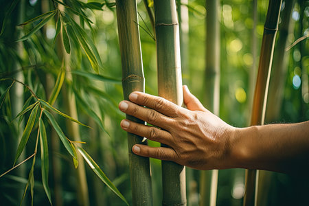 Male hand holding a bamboo trunk in a bamboo groveの素材
