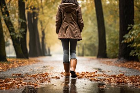 Back view of a woman going in an autumn park after the rainの素材