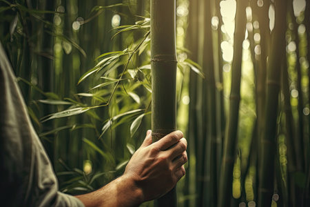 Male hand holding a bamboo trunk in a bamboo groveの素材