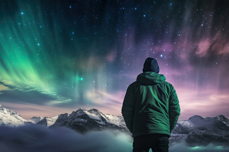 Back view of a man observing a beautiful night sky with northern lightsの素材