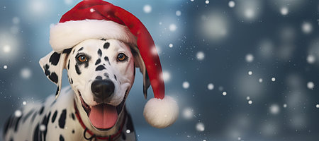 Dalmatian wearing Christmas hat, winter backgroundの素材