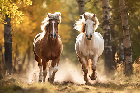 Brown and white horses walking in a forestの素材