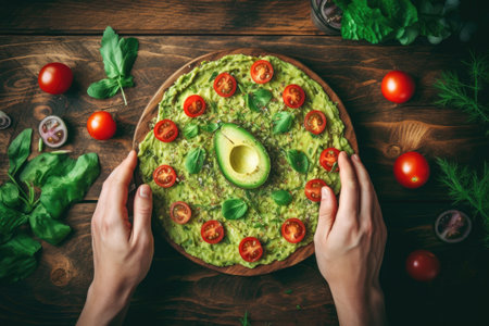 Cooking healthy vegan pizza with tomatoes and avocadoの素材
