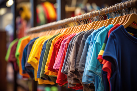 Kids clothes on hangers in a storeの素材