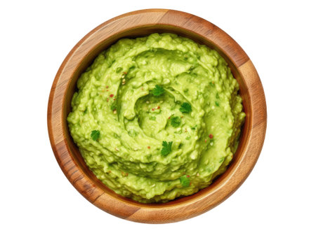 Wooden bowl with guacamole isolated on white background, top viewの素材