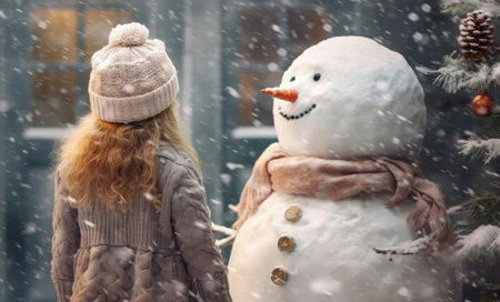 Back view of a girl and a snowmanの素材