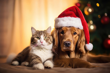 Cat and dog wearing Christmas hatの素材