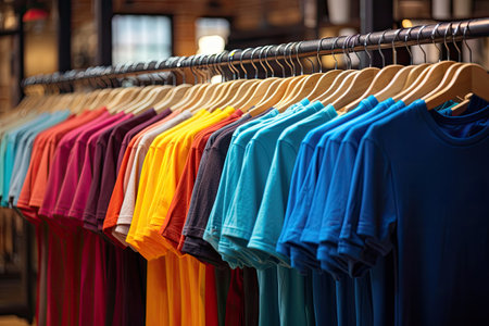 T-Shirts on hangers in a storeの素材