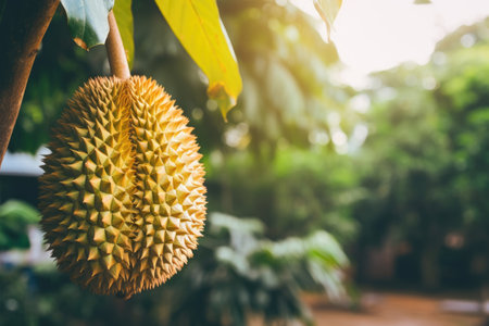 Close-up of a big ripe durian on a treeの素材