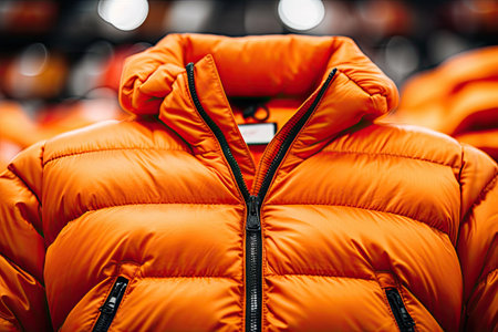 Close-up of an orange down jacket in a storeの素材