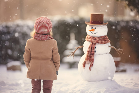 Back view of a girl and a snowman in the yardの素材