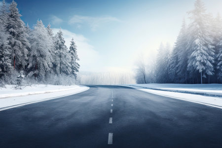 Asphalt road going through the forest at winterの素材