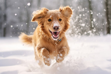 Portrait of a happy dog running in a snow at winterの素材