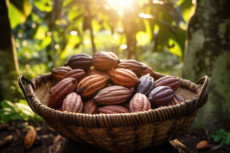 Basket with cocoa beans in a forestの素材