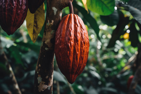 Close-up of cocoa beans growing on a treeの素材