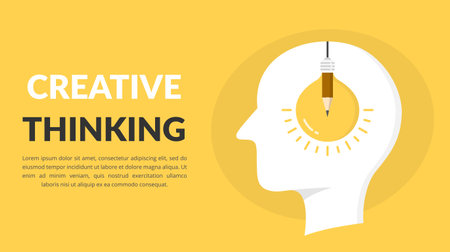 Creative thinking concept with light bulb with pencil inside human brainのイラスト素材