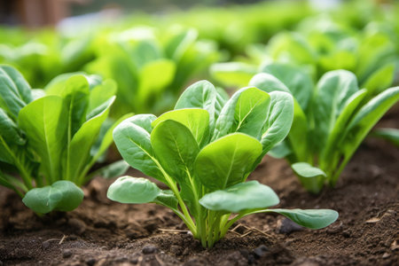 Close-up of ripe spinach growing in the gardenの素材