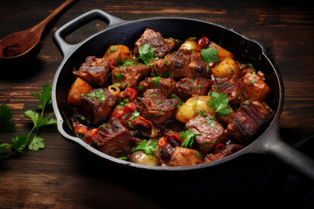 Meat stew in cast iron pan on wooden tableの素材