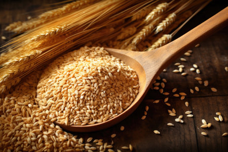 Close-up of a spoon with grain and wheat ears on wooden tableの素材