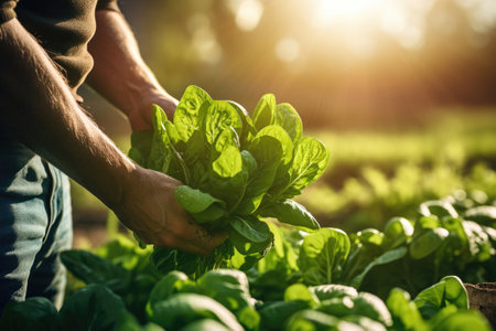 Close-up of a man collecting a spinach in the gardenの素材