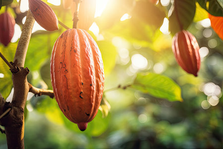 Close-up of cocoa beans growing on a treeの素材