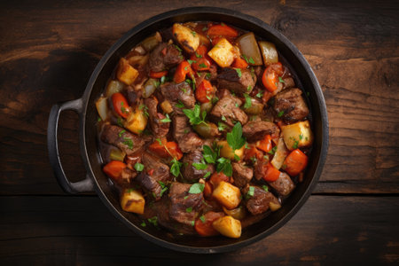 Meat stew in cast iron pan on wooden tableの素材