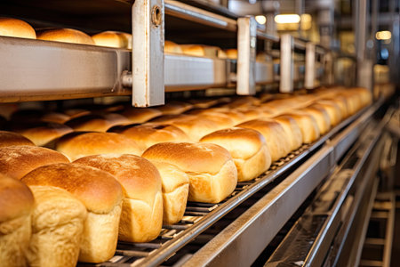 Conveyor belt filled with baked loaves of breadの素材