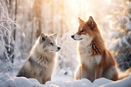 Two foxes in winter forestの素材