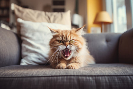 Angry cat on the sofa at homeの素材