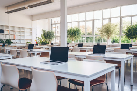 Modern light classroom with tables with laptopsの素材
