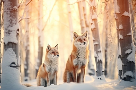 Two foxes in winter forestの素材