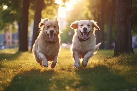 Two happy playful dogs running in a summer parkの素材