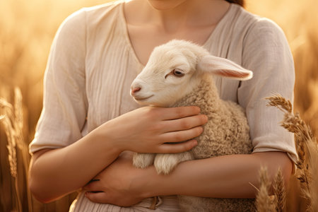 Woman holding a lamb on hands in the fieldの素材
