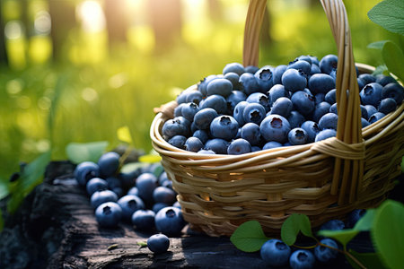 Full basket of blueberries in the forestの素材
