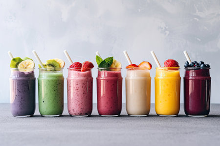 Row of glasses with different smoothies on light concrete backgroundの素材
